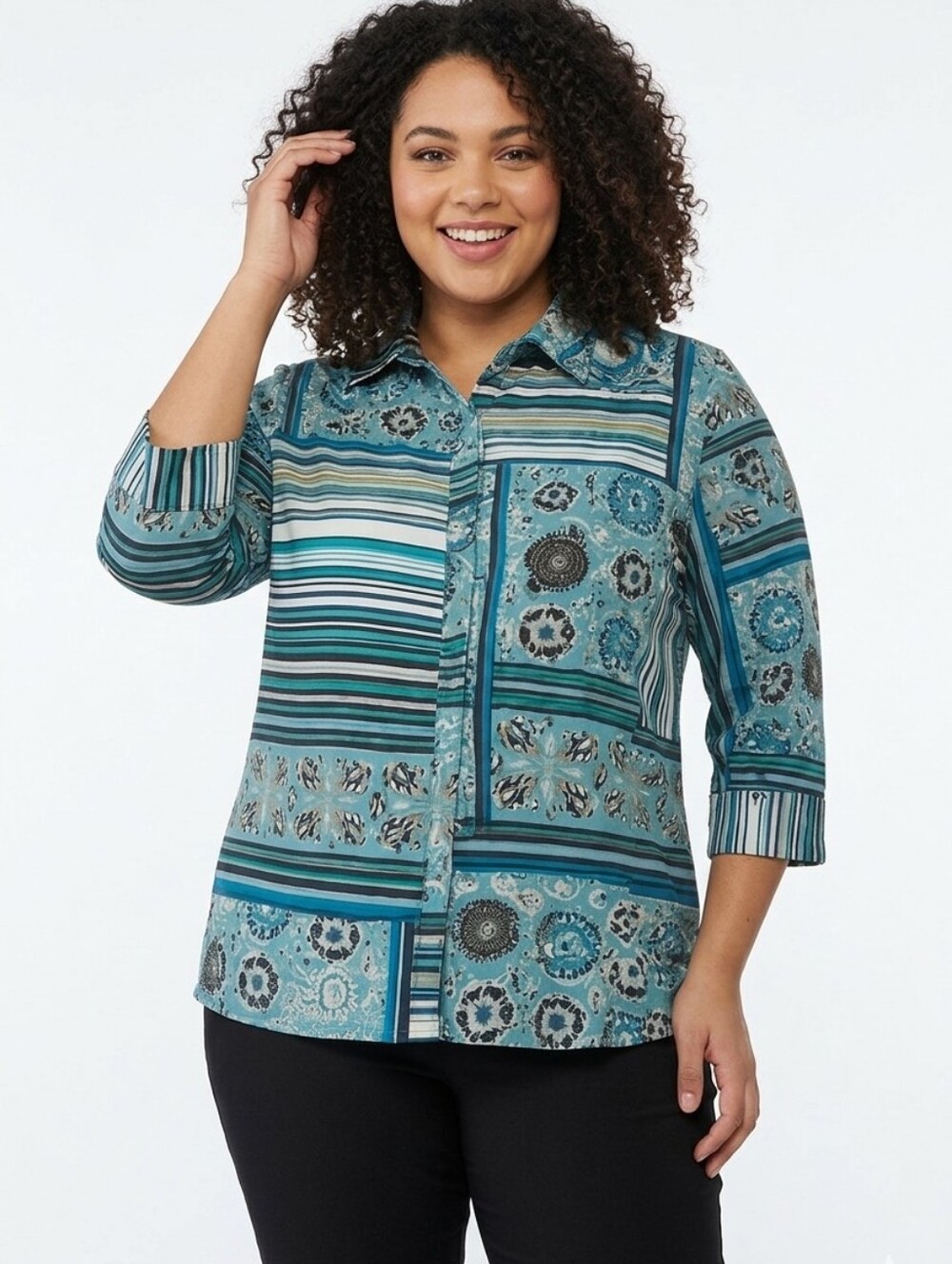 Maggie Barnes Plus Size Blue Patchwork Button Front Blouse